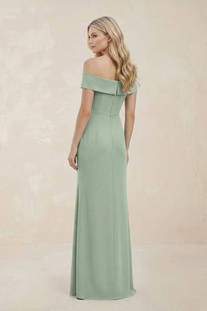 Off - the - Shoulder Satin Sheath Bridesmaid Dress With Slit in Matcha - KissProm Bridesmaid Dresses