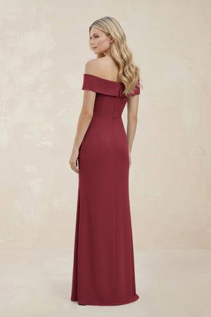 Off - the - Shoulder Satin Sheath Bridesmaid Dress With Slit in Merlot - KissProm Bridesmaid Dresses