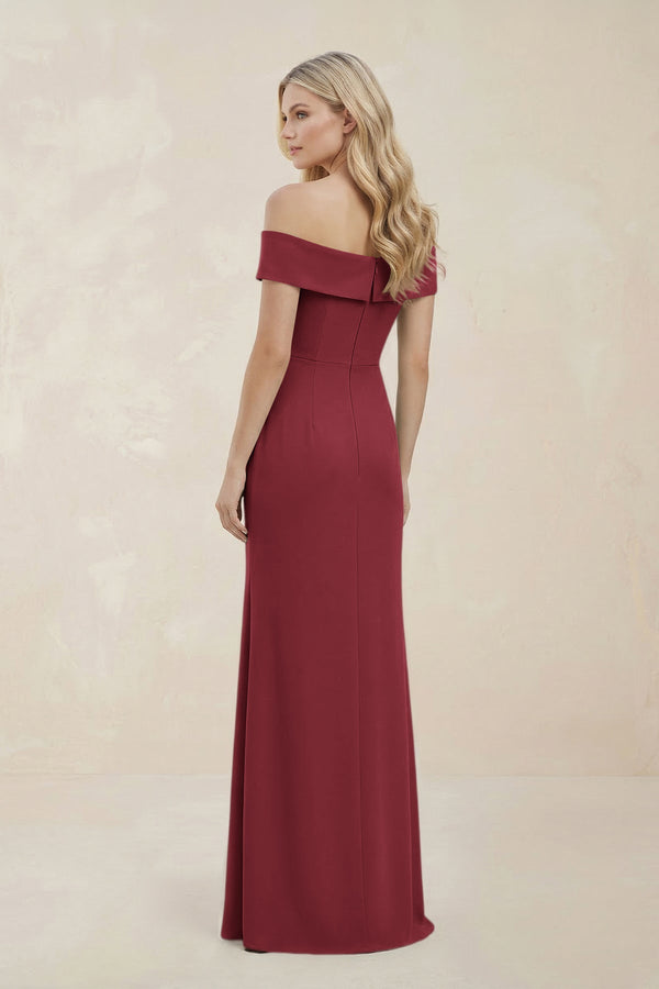 Off - the - Shoulder Satin Sheath Bridesmaid Dress With Slit in Merlot - KissProm Bridesmaid Dresses