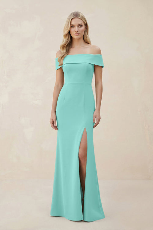 Off - the - Shoulder Satin Sheath Bridesmaid Dress With Slit in Mint Green - KissProm Bridesmaid Dresses