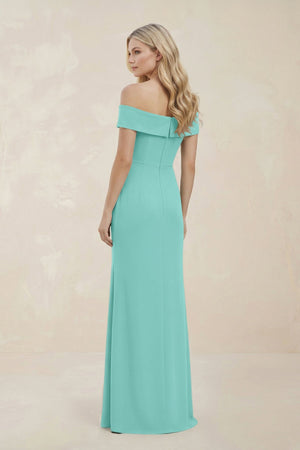 Off - the - Shoulder Satin Sheath Bridesmaid Dress With Slit in Mint Green - KissProm Bridesmaid Dresses