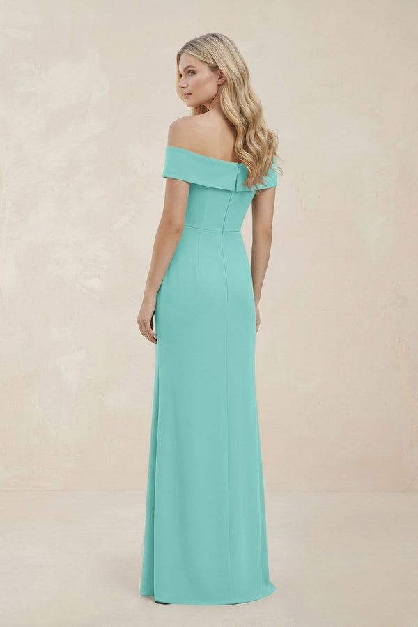 Off - the - Shoulder Satin Sheath Bridesmaid Dress With Slit in Mint Green - KissProm Bridesmaid Dresses