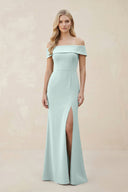 Off - the - Shoulder Satin Sheath Bridesmaid Dress With Slit in Mist - KissProm Bridesmaid Dresses