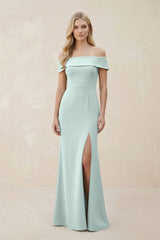 Off - the - Shoulder Satin Sheath Bridesmaid Dress With Slit in Mist - KissProm Bridesmaid Dresses