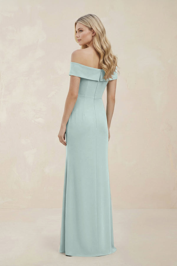 Off - the - Shoulder Satin Sheath Bridesmaid Dress With Slit in Mist - KissProm Bridesmaid Dresses