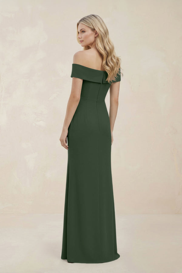 Off - the - Shoulder Satin Sheath Bridesmaid Dress With Slit in Moss - KissProm Bridesmaid Dresses