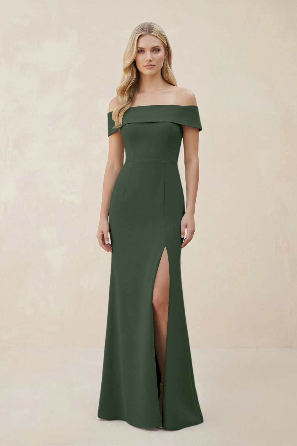 Off - the - Shoulder Satin Sheath Bridesmaid Dress With Slit in Moss - KissProm Bridesmaid Dresses