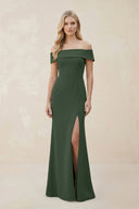 Off - the - Shoulder Satin Sheath Bridesmaid Dress With Slit in Moss - KissProm Bridesmaid Dresses