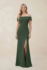 Off - the - Shoulder Satin Sheath Bridesmaid Dress With Slit in Moss - KissProm Bridesmaid Dresses