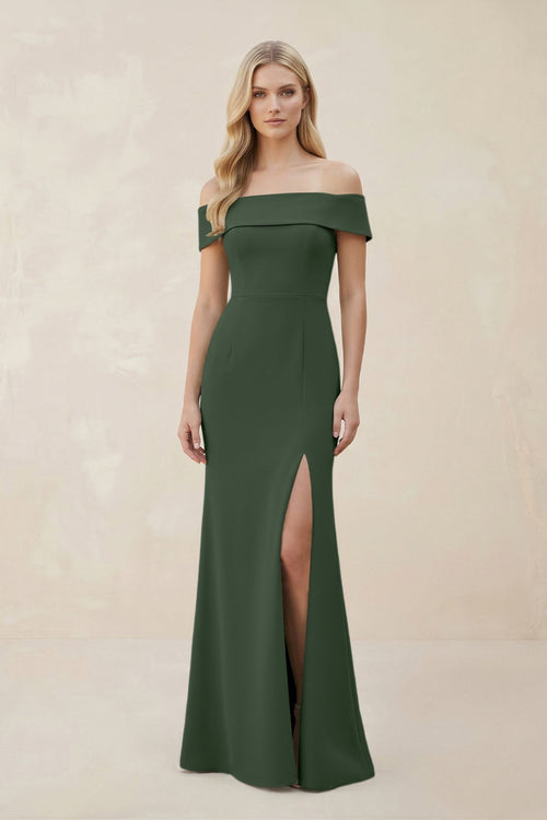 Off - the - Shoulder Satin Sheath Bridesmaid Dress With Slit in Moss - KissProm Bridesmaid Dresses