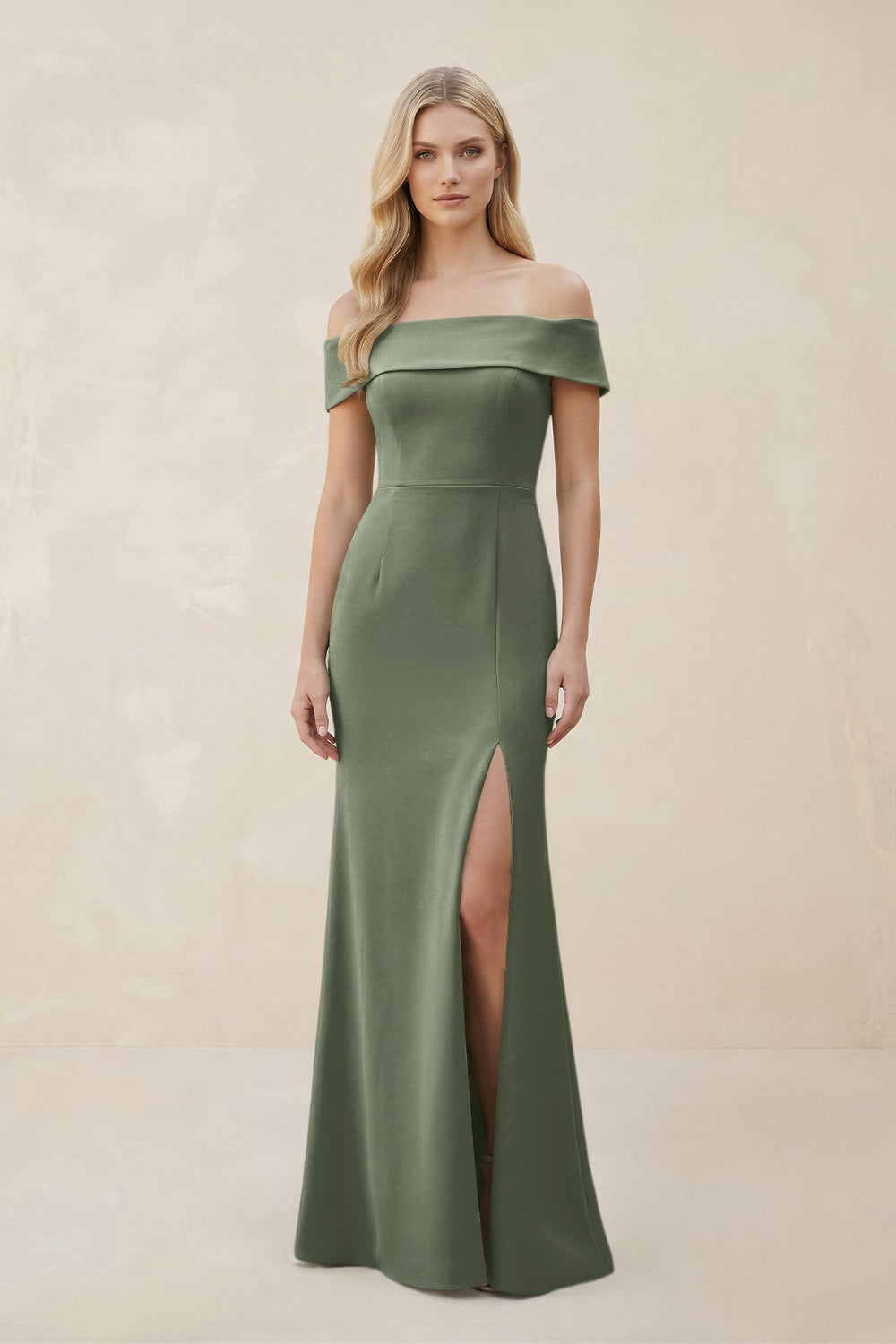 Off - the - Shoulder Satin Sheath Bridesmaid Dress With Slit in Moss Green - KissProm Bridesmaid Dresses