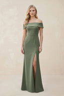 Off - the - Shoulder Satin Sheath Bridesmaid Dress With Slit in Moss Green - KissProm Bridesmaid Dresses