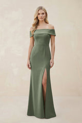 Off - the - Shoulder Satin Sheath Bridesmaid Dress With Slit in Moss Green - KissProm Bridesmaid Dresses