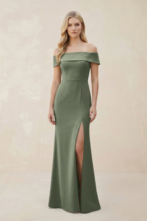 Off - the - Shoulder Satin Sheath Bridesmaid Dress With Slit in Moss Green - KissProm Bridesmaid Dresses