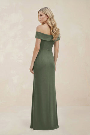 Off - the - Shoulder Satin Sheath Bridesmaid Dress With Slit in Moss Green - KissProm Bridesmaid Dresses
