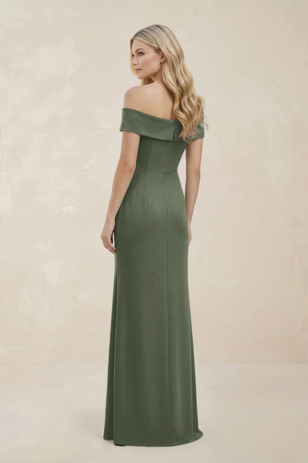 Off - the - Shoulder Satin Sheath Bridesmaid Dress With Slit in Moss Green - KissProm Bridesmaid Dresses