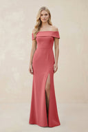 Off - the - Shoulder Satin Sheath Bridesmaid Dress With Slit in Mulberry - KissProm Bridesmaid Dresses