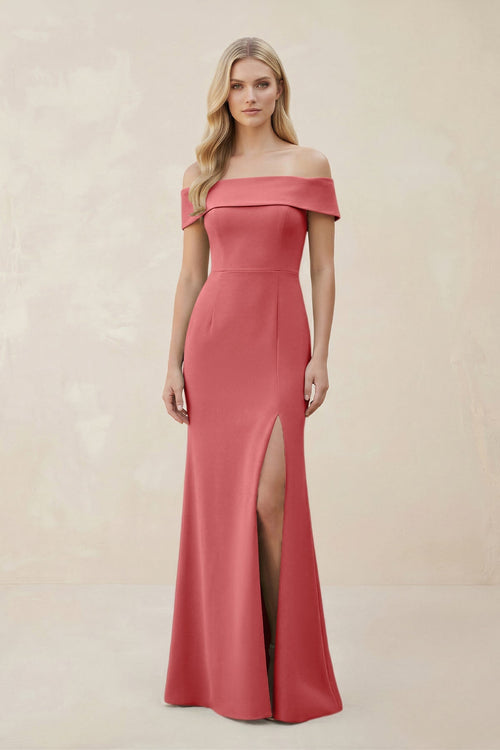 Off - the - Shoulder Satin Sheath Bridesmaid Dress With Slit in Mulberry - KissProm Bridesmaid Dresses
