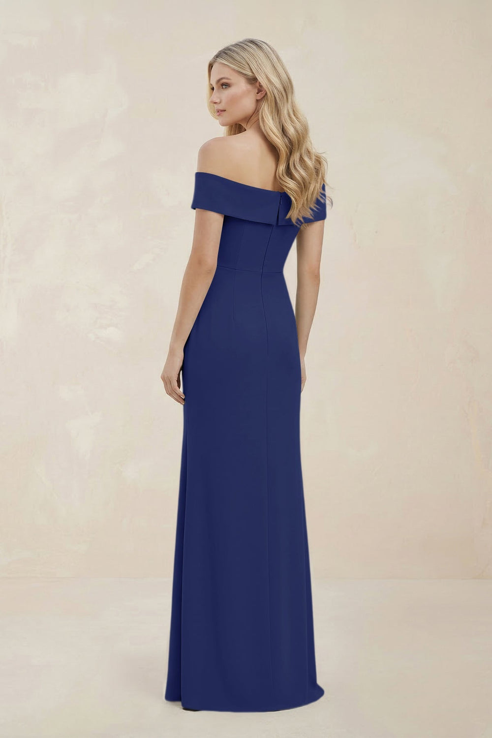 Off - the - Shoulder Satin Sheath Bridesmaid Dress With Slit in Navy - KissProm Bridesmaid Dresses