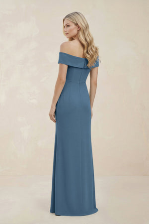 Off - the - Shoulder Satin Sheath Bridesmaid Dress With Slit in Neptune - KissProm Bridesmaid Dresses