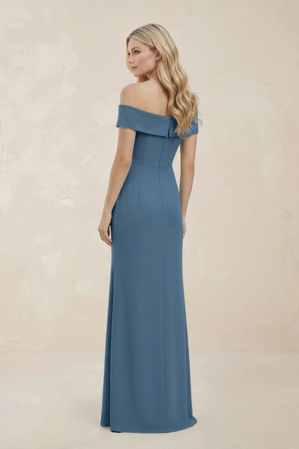 Off - the - Shoulder Satin Sheath Bridesmaid Dress With Slit in Neptune - KissProm Bridesmaid Dresses