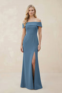 Off - the - Shoulder Satin Sheath Bridesmaid Dress With Slit in Neptune - KissProm Bridesmaid Dresses