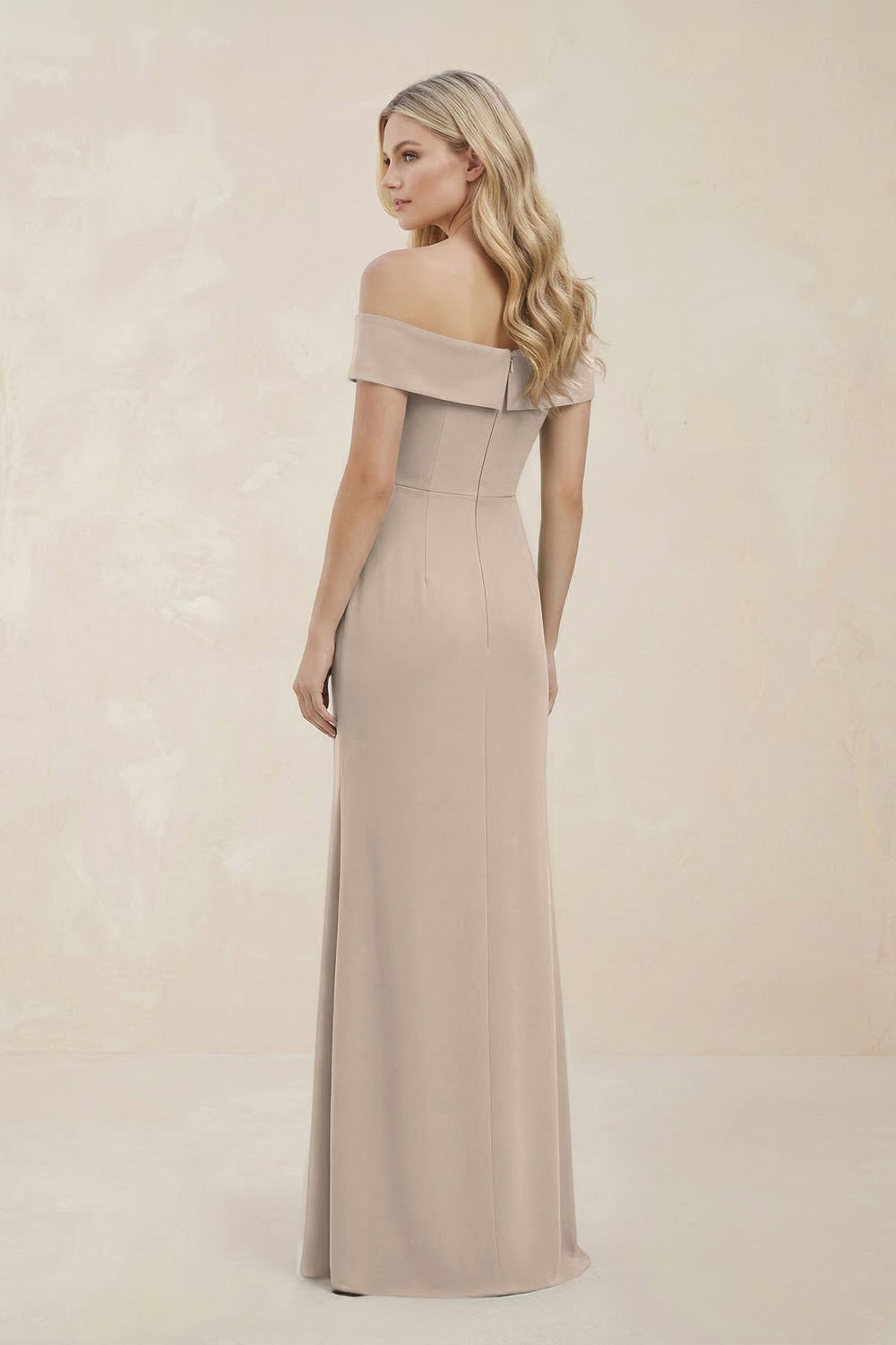 Off - the - Shoulder Satin Sheath Bridesmaid Dress With Slit in Neutral Champagne - KissProm Bridesmaid Dresses