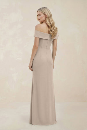 Off - the - Shoulder Satin Sheath Bridesmaid Dress With Slit in Neutral Champagne - KissProm Bridesmaid Dresses