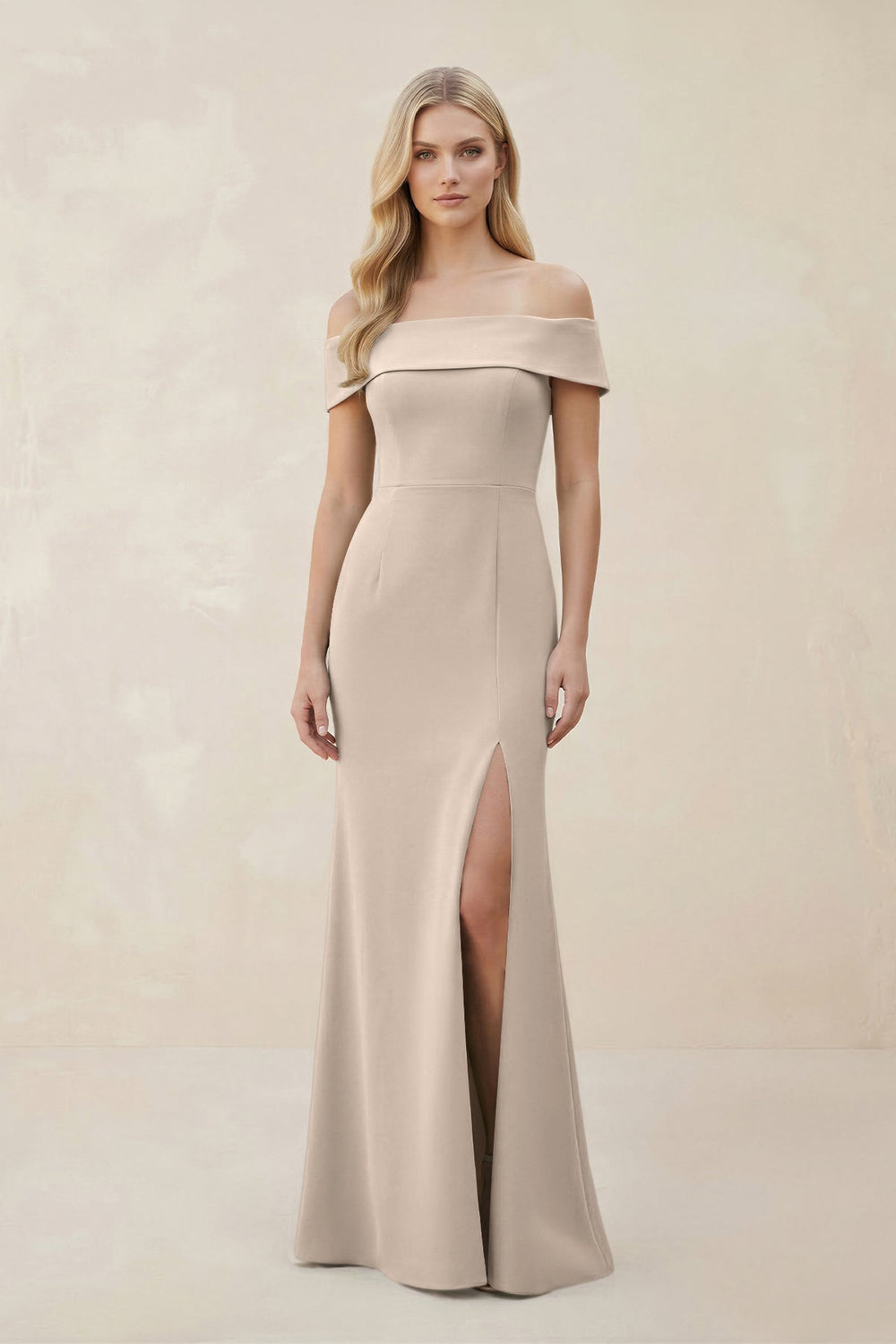Off - the - Shoulder Satin Sheath Bridesmaid Dress With Slit in Neutral Champagne - KissProm Bridesmaid Dresses