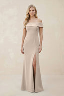 Off - the - Shoulder Satin Sheath Bridesmaid Dress With Slit in Neutral Champagne - KissProm Bridesmaid Dresses
