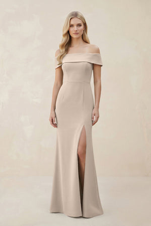 Off - the - Shoulder Satin Sheath Bridesmaid Dress With Slit in Neutral Champagne - KissProm Bridesmaid Dresses