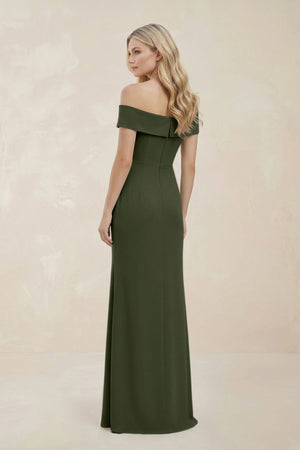 Off - the - Shoulder Satin Sheath Bridesmaid Dress With Slit in Olive - KissProm Bridesmaid Dresses