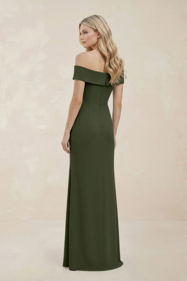 Off - the - Shoulder Satin Sheath Bridesmaid Dress With Slit in Olive - KissProm Bridesmaid Dresses