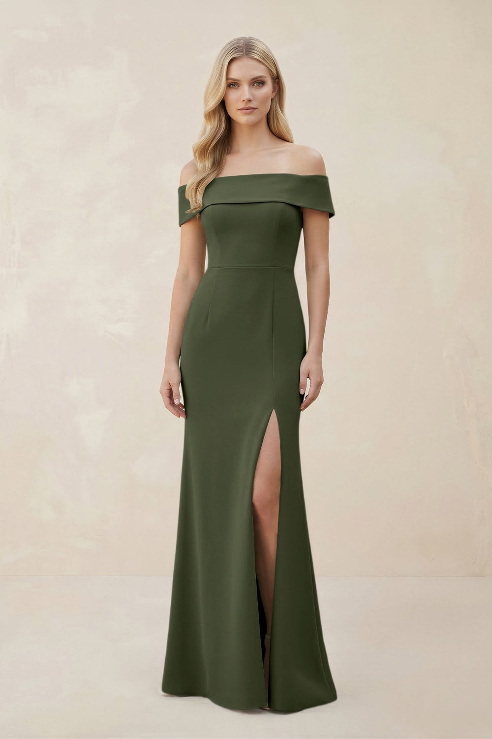 Off - the - Shoulder Satin Sheath Bridesmaid Dress With Slit in Olive - KissProm Bridesmaid Dresses