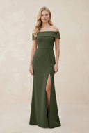 Off - the - Shoulder Satin Sheath Bridesmaid Dress With Slit in Olive - KissProm Bridesmaid Dresses