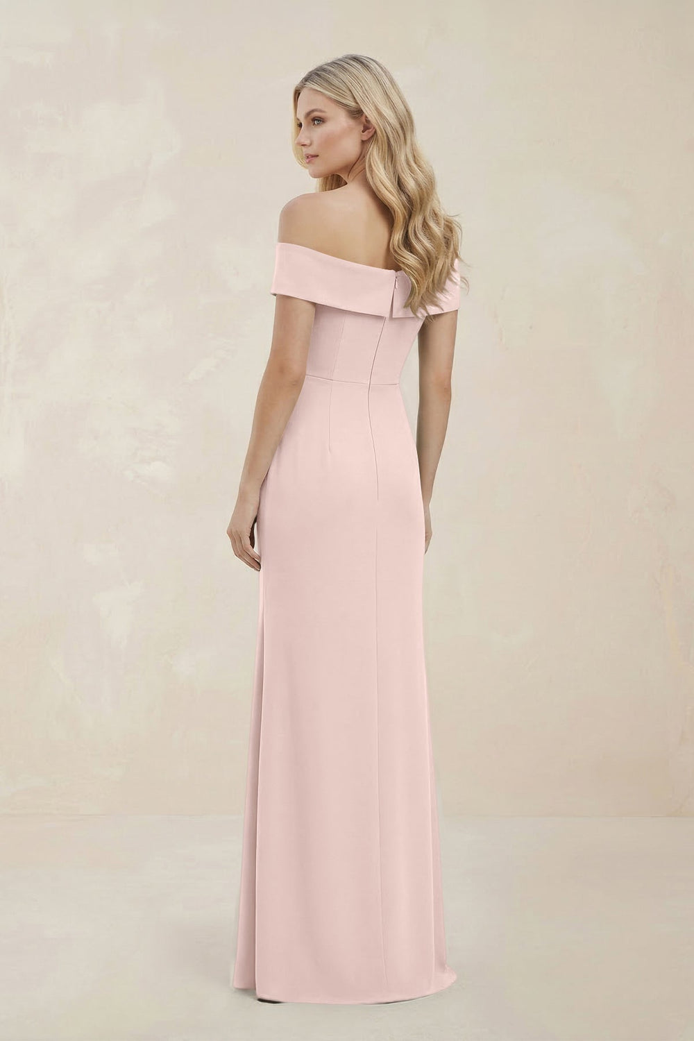 Off - the - Shoulder Satin Sheath Bridesmaid Dress With Slit in Pale Blush - KissProm Bridesmaid Dresses