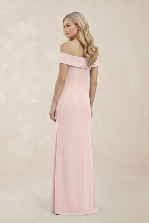 Off - the - Shoulder Satin Sheath Bridesmaid Dress With Slit in Pale Blush - KissProm Bridesmaid Dresses