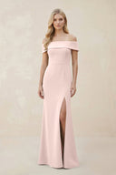Off - the - Shoulder Satin Sheath Bridesmaid Dress With Slit in Pale Blush - KissProm Bridesmaid Dresses