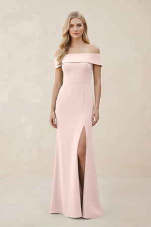 Off - the - Shoulder Satin Sheath Bridesmaid Dress With Slit in Pale Blush - KissProm Bridesmaid Dresses