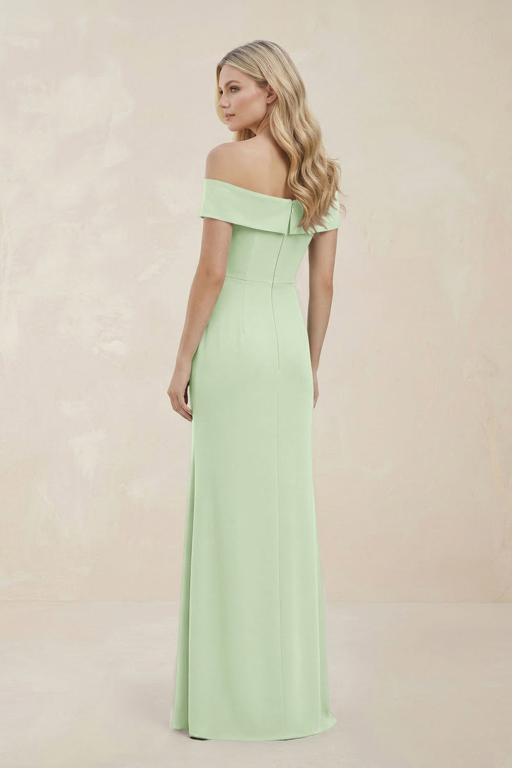 Off - the - Shoulder Satin Sheath Bridesmaid Dress With Slit in Pale Pistachio - KissProm Bridesmaid Dresses