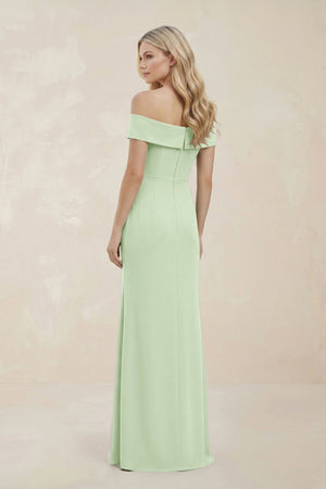 Off - the - Shoulder Satin Sheath Bridesmaid Dress With Slit in Pale Pistachio - KissProm Bridesmaid Dresses