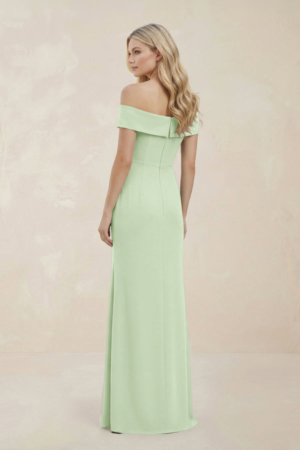 Off - the - Shoulder Satin Sheath Bridesmaid Dress With Slit in Pale Pistachio - KissProm Bridesmaid Dresses