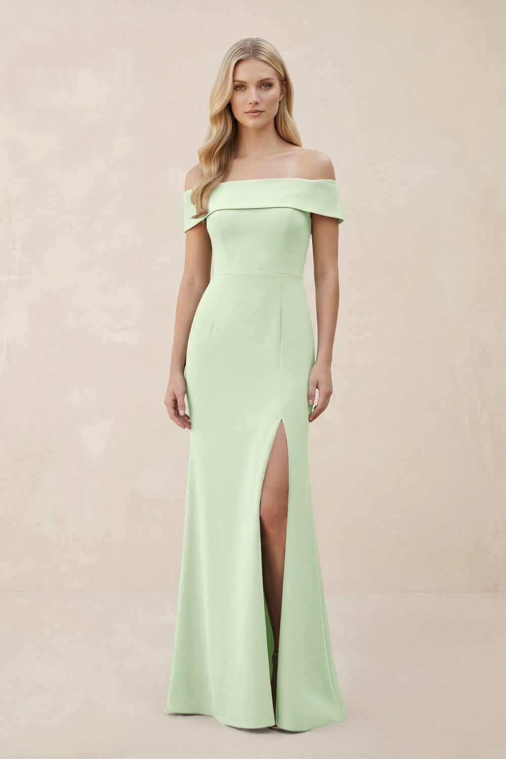 Off - the - Shoulder Satin Sheath Bridesmaid Dress With Slit in Pale Pistachio - KissProm Bridesmaid Dresses