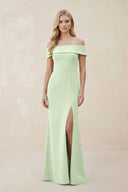 Off - the - Shoulder Satin Sheath Bridesmaid Dress With Slit in Pale Pistachio - KissProm Bridesmaid Dresses