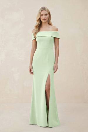 Off - the - Shoulder Satin Sheath Bridesmaid Dress With Slit in Pale Pistachio - KissProm Bridesmaid Dresses