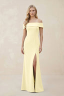 Off - the - Shoulder Satin Sheath Bridesmaid Dress With Slit in Pastel Yellow - KissProm Bridesmaid Dresses
