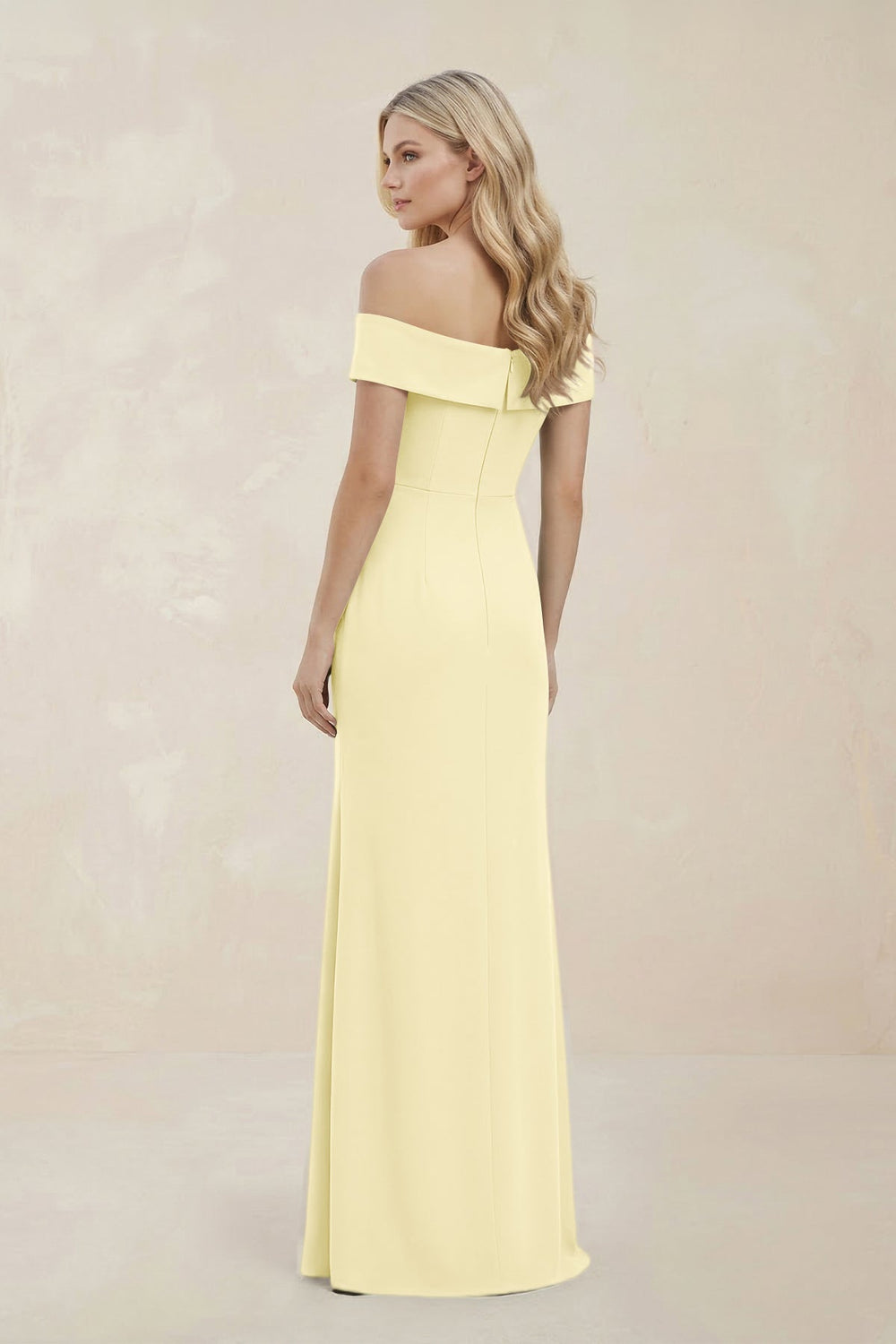 Off - the - Shoulder Satin Sheath Bridesmaid Dress With Slit in Pastel Yellow - KissProm Bridesmaid Dresses