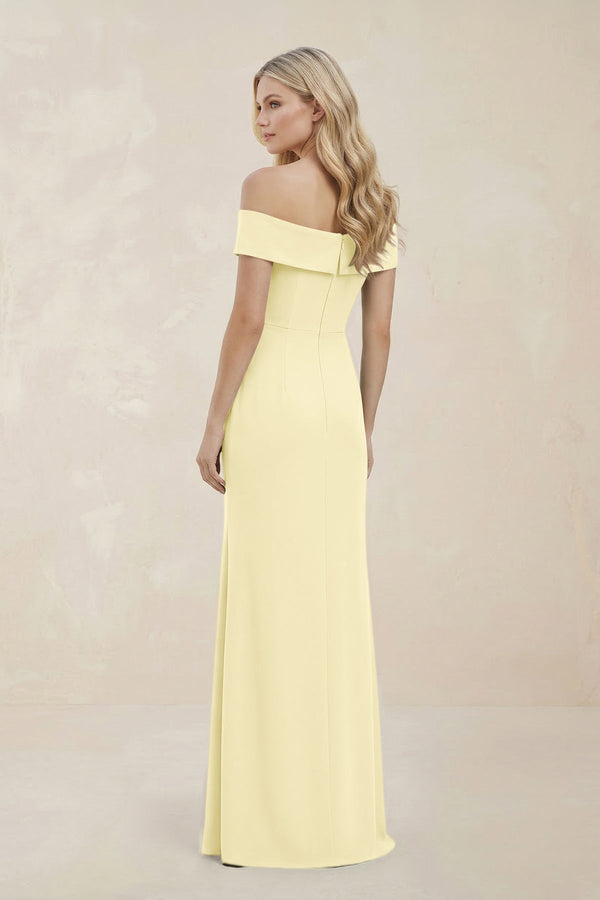 Off - the - Shoulder Satin Sheath Bridesmaid Dress With Slit in Pastel Yellow - KissProm Bridesmaid Dresses