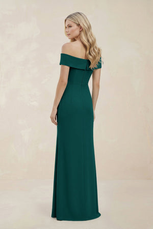 Off - the - Shoulder Satin Sheath Bridesmaid Dress With Slit in Pine - KissProm Bridesmaid Dresses