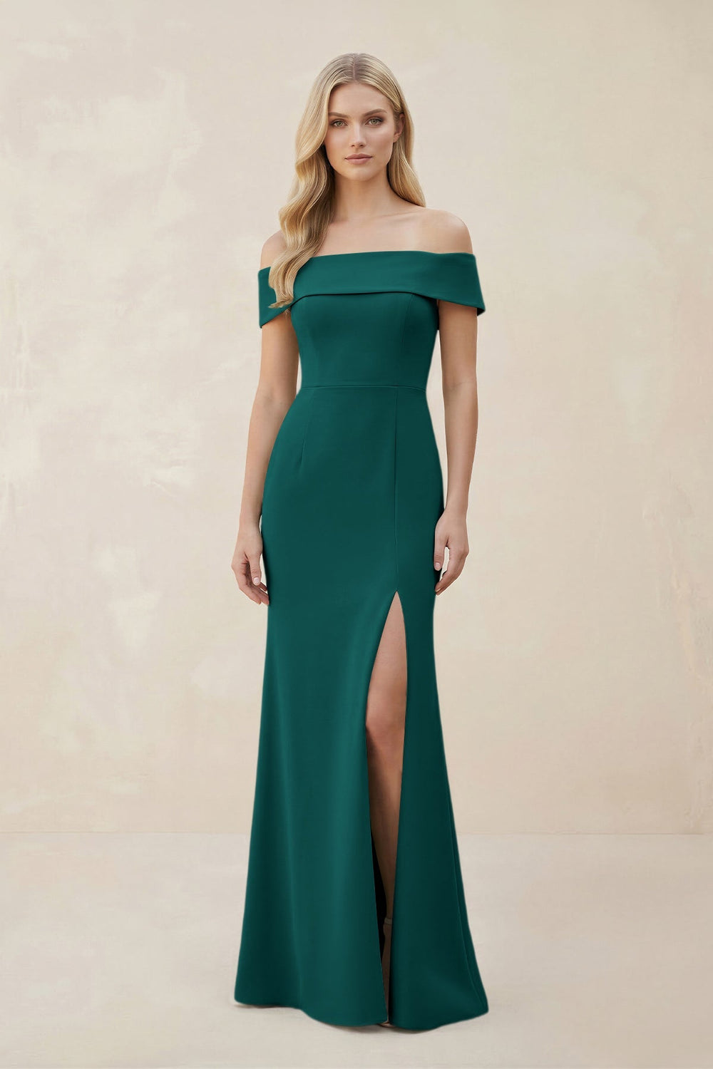 Off - the - Shoulder Satin Sheath Bridesmaid Dress With Slit in Pine - KissProm Bridesmaid Dresses